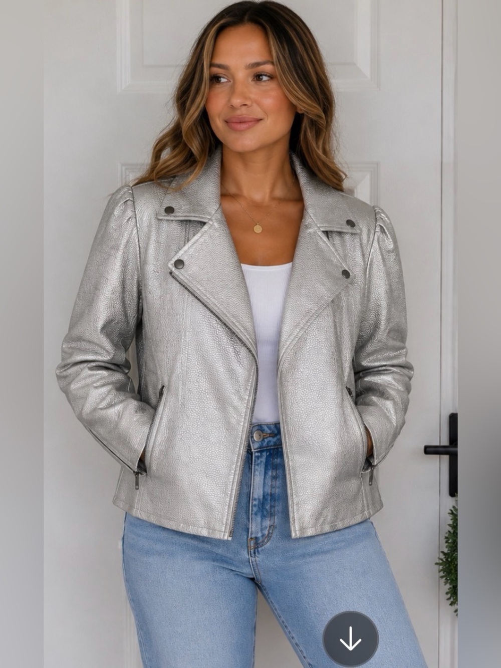 saltwater LUXE Metallic Silver faux leather Cropped Moto Jacket small